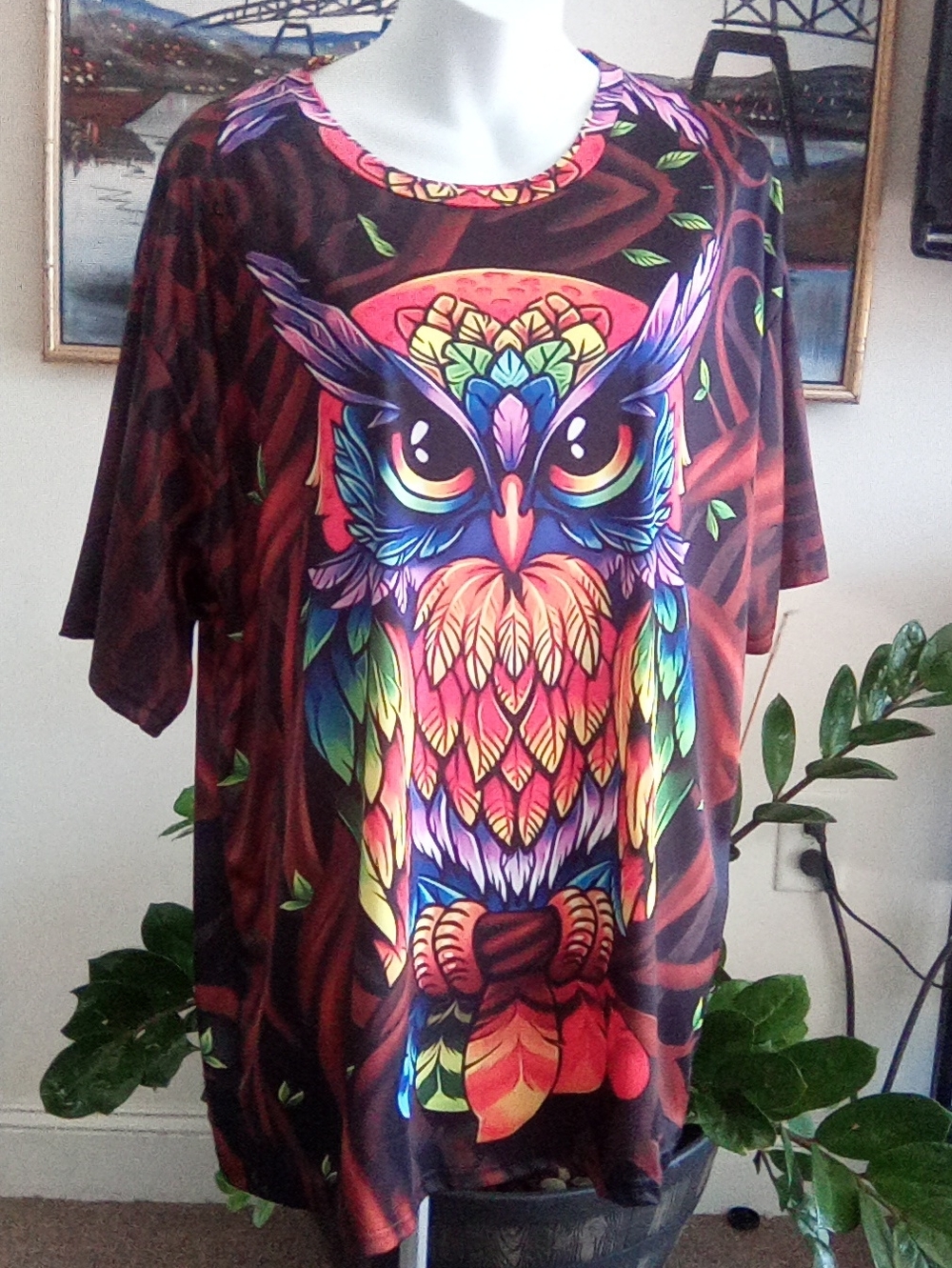 Colorful Rainbow Owl  In Woodland Trees Tee Stretchy P2P 25" L 30" 3X